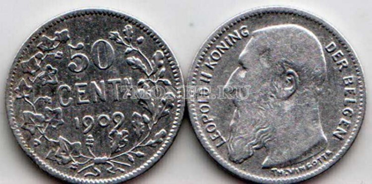 монета Бельгия 50 сентим 1909 год  Леопольд II «DER BELGEN»