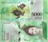 банкнота Венесуэла 5000 боливаров 2016 год Черепаха бисса