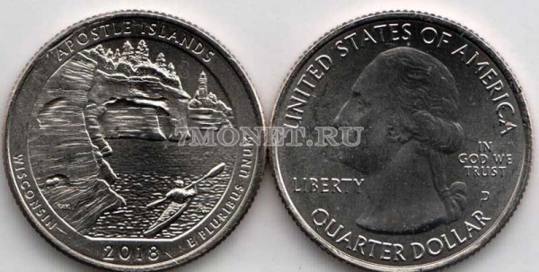 США 25 центов 2018D штат Висконсин Национальные озёрные побережья островов Апостол, 42-й