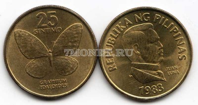 монета Филиппины 25 сентимо 1983 год бабочка Графиум