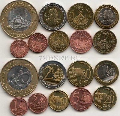 Турция ЕВРО пробный набор из 9-ми монет 2004 год Мечеть султана Ахмета, в бан...