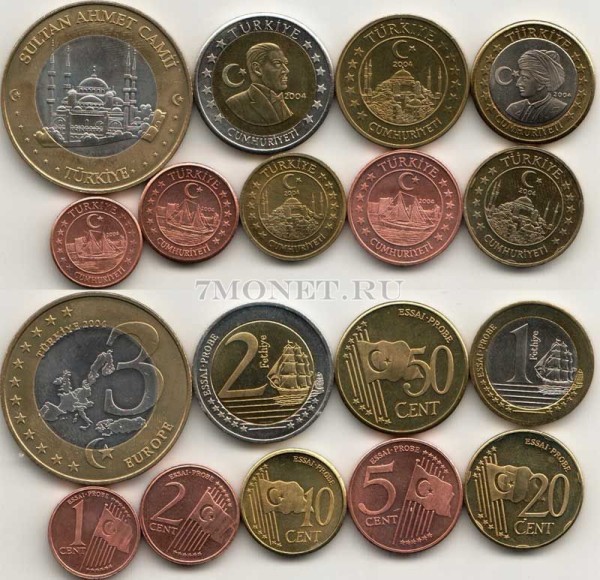 Турция ЕВРО пробный набор из 9-ми монет 2004 год Мечеть султана Ахмета, в банковской коробке