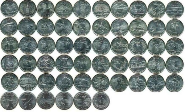 США набор из 56-ти монет 25 центов штаты, округа и территории