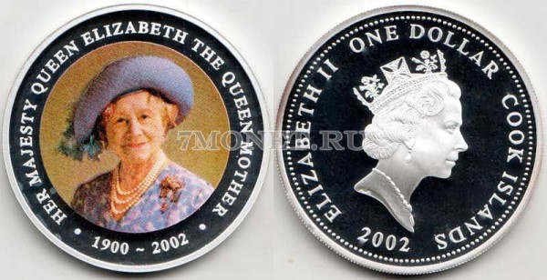 монета Острова Кука 1 доллар 2002 год Королева-мать PROOF, эмаль