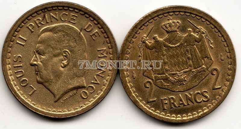 монета Монако 2 франка 1945 год Луи II