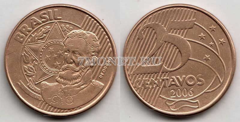 монета Бразилия 25 центаво 2006 год