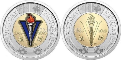 Канада набор из 2-х монет 2 доллара 2020 год 75 лет окончания Второй мировой ...