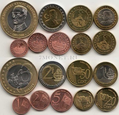 ЕВРО пробный набор из 9-ми монет Турция 2004 год Мустафа Кемаль Ататюрк, в ба...