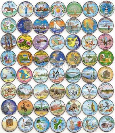 США набор из 56-ти монет 25 центов штаты, округа и территории, эмаль