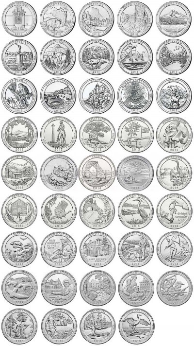 США набор из 54 монет 25 центов Национальные парки