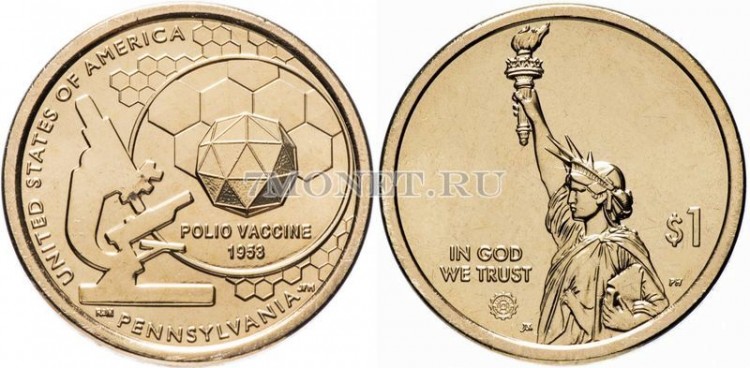 монета США 1 доллар 2019Р год, серия Инновации США - Вакцина против полиомиелита