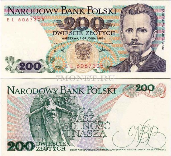 бона Польша 200 злотых 1986 года Ярослав Донбровски