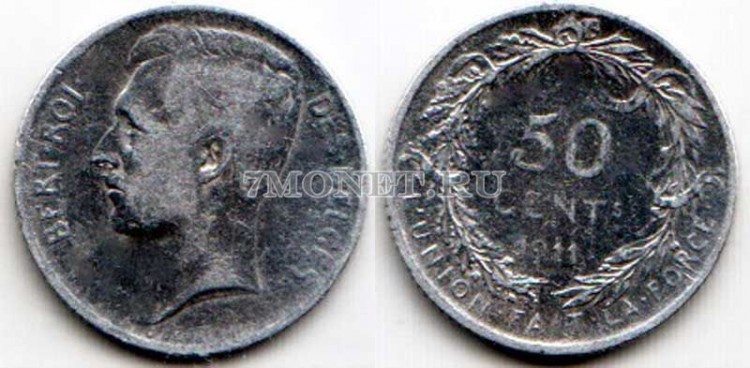 монета Бельгия 50 сентим 1911 год Альберт I «DES BELGES»