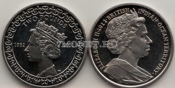 монета Британские территории индийского океана 2 фунта 2012 год 60 лет правлению Королевы Елизаветы II