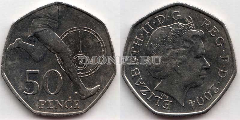 монета Великобритания 50 пенсов 2004 год  50 лет рекорду в беге - миля менее чем за 4 минуты, VF 