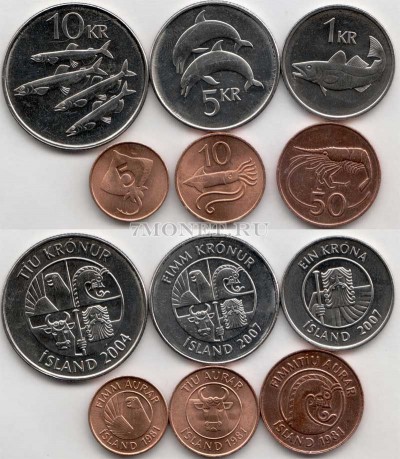Исландия набор из 6-ти монет 1981-2007 год рыбы и морские животные