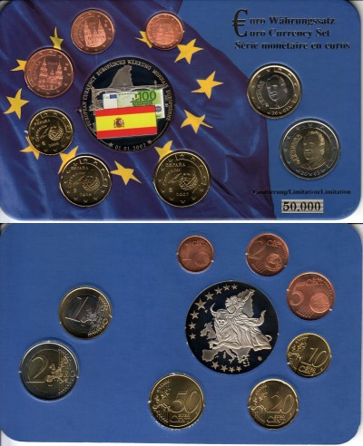 ЕВРО набор из 8-ми монет и цветного жетона Испания