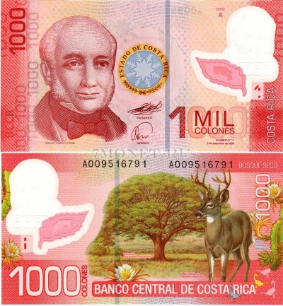 бона Коста-Рика 1000 колон 2009 год пластик