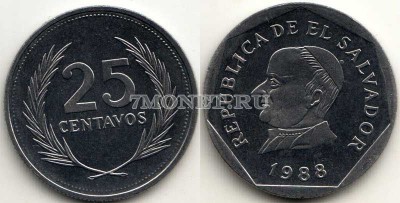 монета Сальвадор 25 центаво 1988 год