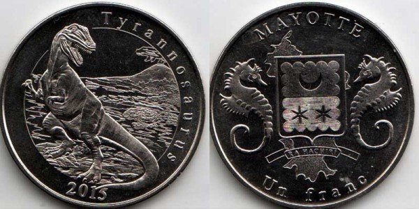 монета Майотта 1 франк 2015 Тиранозавр