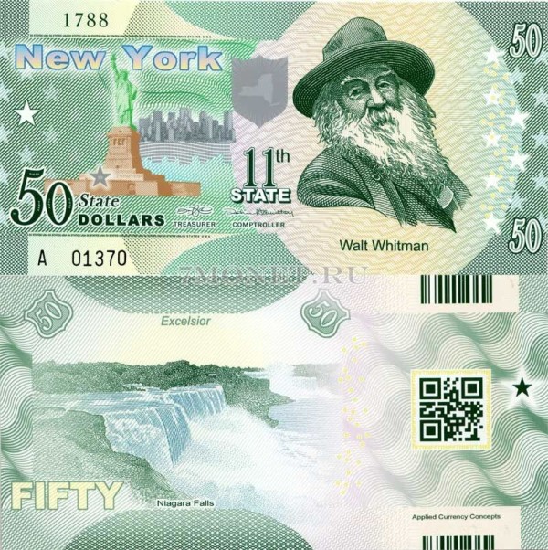бона США 50 долларов 2013 год штат Нью-Йорк, Уолт Уитмен