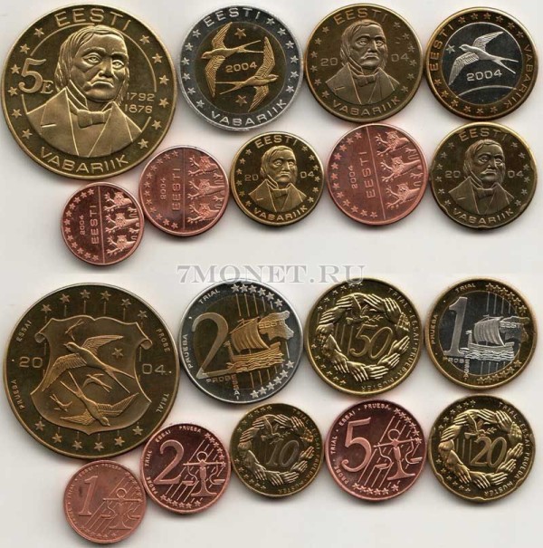 Эстония ЕВРО пробный набор из 9-ми монет 2004 год, в банковской коробке