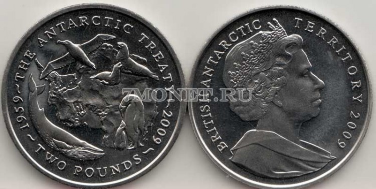 монета Британские антарктические территории 2 фунта 2009 год 50 лет договору об Антарктике