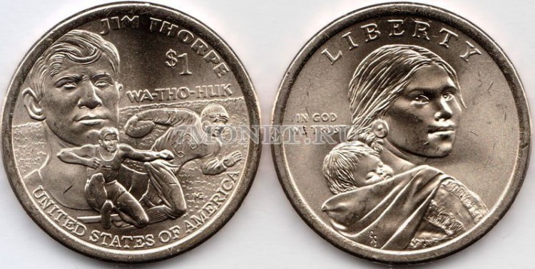 монета США 1 доллар 2018Р год Сакагавея, серия Коренные американцы - Джим Торп