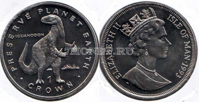 монета Остров Мэн 1 крона 1993 год сохраним планету Земля. Игуанодон