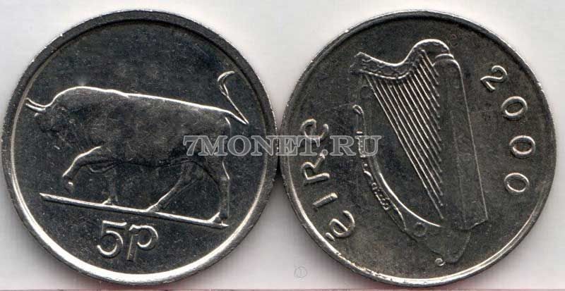 монета Ирландия 5 пенсов 1996-2000 год Бык