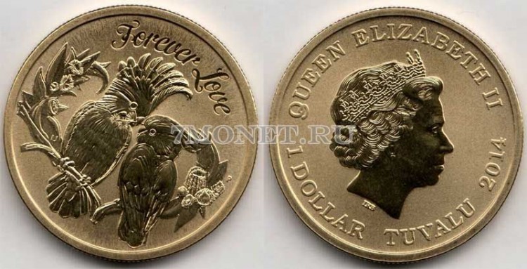 монета Тувалу 1 доллар 2014 год Любовь навсегда - попугайчики