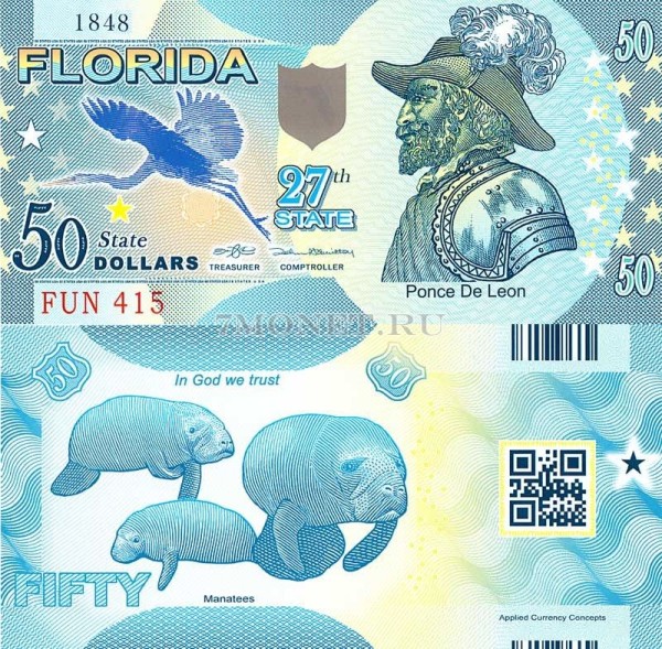 бона США 50 долларов 2013 год штат Флорида, Понсе де Леон