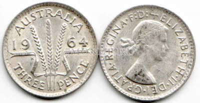 монета Австралия 3 пенса 1964 год Елизавета II
