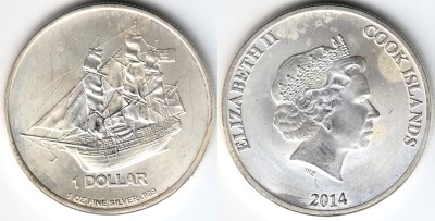 монета Острова Кука 1 доллар 2014 год Корабль