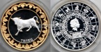 монета Токелау 5 долларов 2012 год Телец, позолота, PROOF
