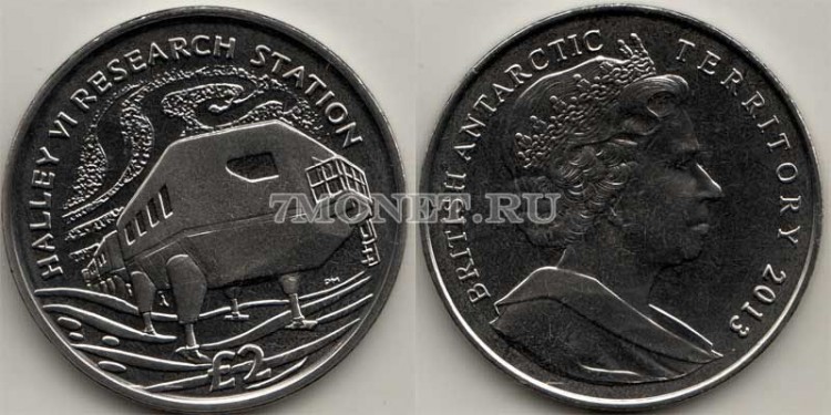 монета Британские антарктические территории 2 фунта 2013 год Научно-исследовательская станция Халли VI