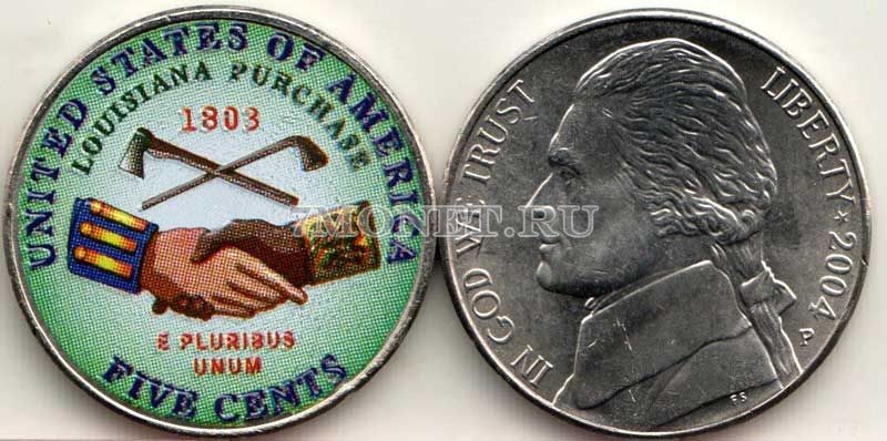 монета США 5 центов 2004 год Покупка Луизианы, эмаль