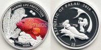 монета Палау 1 доллар 2016 год серия "Защита морской жизни" - красный коралловый групер