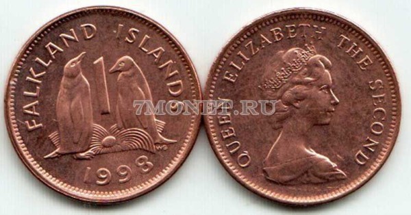 монета Фолклендские острова 1 пенни 1998 год Антарктические пингвины