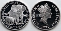 монета Острова Кука 10 долларов 1990 год Семья слонов, PROOF