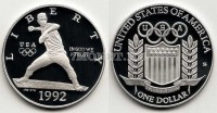 монета США 1 доллар 1992 год Олимпиада. Бейсбол. PROOF