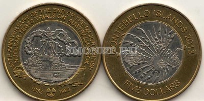 Острова Монте-Белло 5 долларов 2013 год 50-летие окончания британских ядерных...