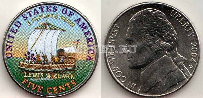 монета США 5 центов 2004 год 200 лет экспедиции Льюиса и Кларка, эмаль