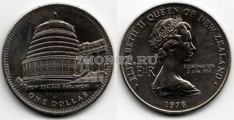 монета Новая Зеландия 1 доллар 1978 год 25 лет коронации и зданию Парламента