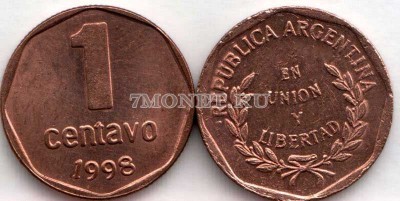 монета Аргентина 1 центаво 1993-2000 год