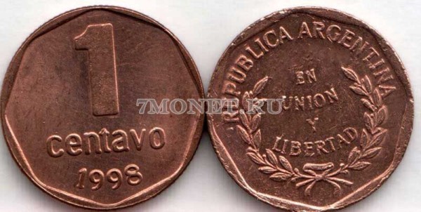 монета Аргентина 1 центаво 1993-2000 год