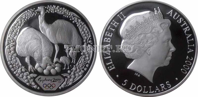 монета Австралия 5 долларов 2000 год Летние олимпийские игры 2000 г. в Сиднее. Страус Эму
