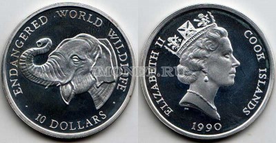 монета Острова Кука 10 долларов 1990 год Слон, PROOF