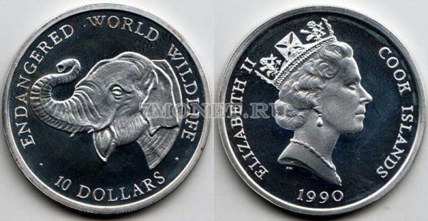 монета Острова Кука 10 долларов 1990 год Слон, PROOF