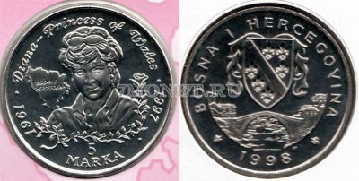 монета Босния и Герцеговина 5 марок 1998 год принцесса Диана